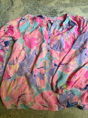 Lilly Pulitzer Elsa Silk Long Sleeved Blouse Top Pink Purple Floral Size Medium